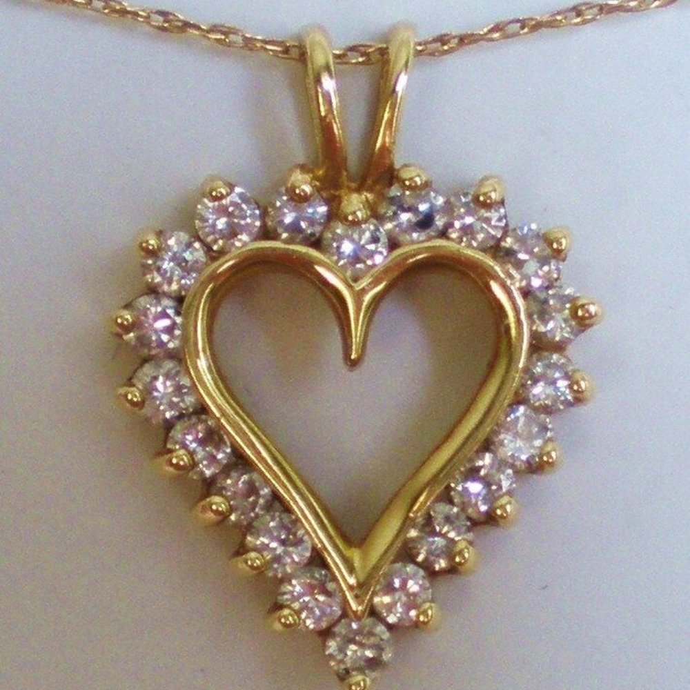Vintage Solid 14K Gold Diamond Cluster Open Heart Pendant Necklace Chain 14kt